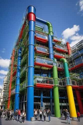 Centre Pompidou, modern architecture, colorful tubular structure, futuristic design, vibrant blue, green, red, yellow tubes, irregular shape, geometric patterns, urban landscape, Parisian street, afte