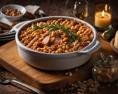 Develop gourmet cassoulet with premium ingredients, exquisite presentation, and fine dining elegance. Design a sophisticated atmosphere for a luxurious and upscale meal.,cassoulet,pasta e fagioli,étou