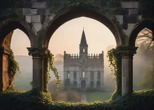 fairy tale castle,burbury,ghost castle,fairytale castle,pemberley,haunted castle,harlaxton,highclere castle,castle of the corvin,castlelike,margam,chateaux,brympton,castellated,pointed arch,castle ruins,windows wallpaper,morning mist,condover,archway,Illustration,Black and White,Black and White 32