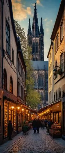 Cologne architecture, Romanesque style, medieval-era buildings, grand cathedral, intricate stone carvings, vibrant stained glass windows, ornate Gothic details, majestic clock towers, cobblestone stre