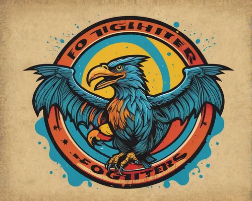 Create a vibrant and energetic Foo Fighters logo with splashes of color.,blue and gold macaw,macaws blue gold,gunfighter,phoenix rooster,eagle vector,eagle illustration,guild,rust goose,budgies,gallus