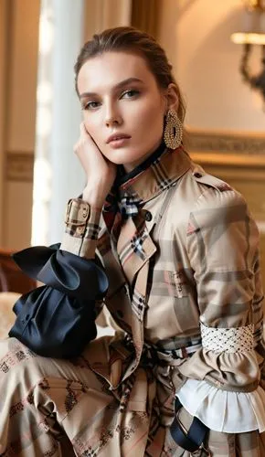 Fashion show ,young woman with fancy jewelry sitting on a chair wearing coat and gloves,galliano,fashiontv,dior,marni,victoriana,rosenkavalier,Photography,General,Realistic