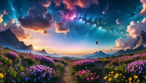 fantasy picture,fantasy landscape,fairy galaxy,purple landscape,dreamscape,alien world,alien planet,wonderland,cosmic flower,cosmos field,sea of flowers,colorful background,kaleidoscape,wonderlands,background colorful,fairy world,field of flowers,colorful stars,galactic,flower field,Photography,General,Realistic