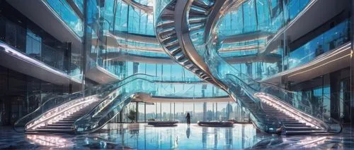 the dubai mall entrance,water stairs,futuristic art museum,futuristic architecture,glass building,escalators,escalator,atrium,morphosis,spiral staircase,helix,titanum,largest hotel in dubai,abdali,escaleras,galleria,dna helix,vdara,glass facade,guangzhou,Illustration,Realistic Fantasy,Realistic Fantasy 02