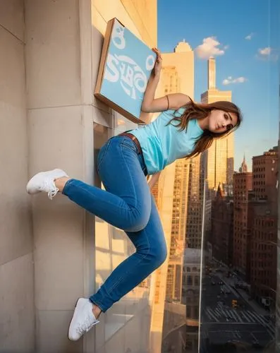 the woman is leaning on the ledge with her feet in the air,shoefiti,nyse,skycraper,macys,leaping,nyu,Photography,General,Realistic