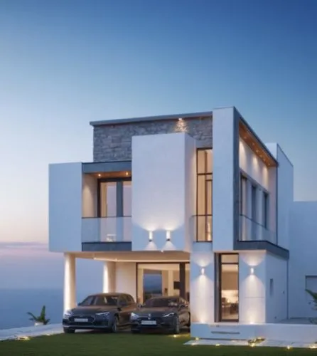 A modern villa, with gray and white paint scheme, front in stone cladding,a building that has a bunch of cars parked in front of it,fresnaye,modern house,baladiyat,modern architecture,cubic house,umhl