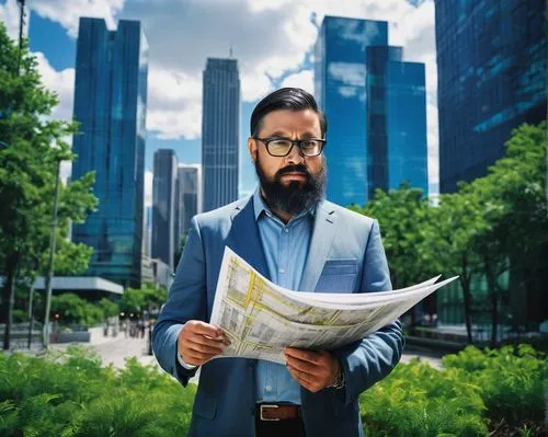 Middle-aged, male, master of architecture, urban designer, professional attire, glasses, short black hair, beard, standing, confident pose, holding blueprints, pencil in hand, cityscape, skyscrapers, 