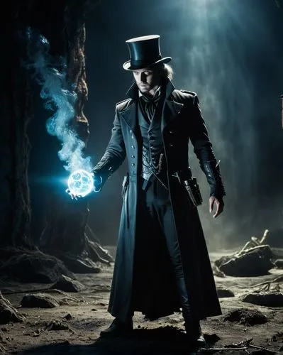 a magician performs a show of light deception in a mystical atmosphere of the play of light and shadow,a man in top hat, coat, and tails with a wand,pandorica,avantasia,malakian,undertaker,therion,tak