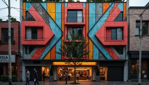 Vibrant asymmetrical facade, bold geometric shapes, abstract ornate details, dynamic irregular forms, contrasting color palette, textured materials, metallic accents, avant-garde architecture, artisti