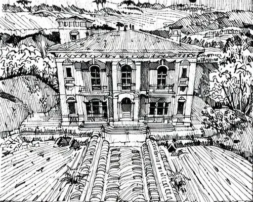 a drawing of a large house with some trees around it,piranesi,brodsky,villa d'este,villa cortine palace,athenaeum,schoenbrunn,Design Sketch,Design Sketch,Hand-drawn Line Art