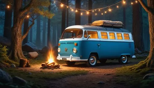 {
  "prompt": "A serene night camping scene featuring a vintage blue van parked in a forest clearing. The van has warm, inviting lights glowing from inside, creating a cozy atmosphere. In front of the