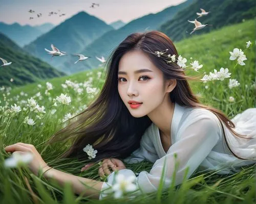 beautiful girl with flowers,innisfree,flower background,flower fairy,nature background,butterfly background,landscape background,spring background,springtime background,fairy queen,mt seolark,yul,yuri,spring leaf background,floral background,girl in flowers,portrayer,beauty in nature,white butterflies,white blossom,Conceptual Art,Fantasy,Fantasy 03