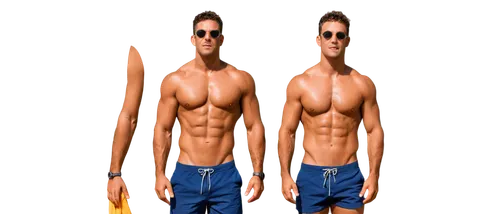 Muscular man, sexy, swimsuit, beach scene, bronzed skin, messy hair, sunglasses, chest hair, ripped abs, athletic legs, standing pose, one hand on hip, facial close-up, golden hour lighting, shallow d