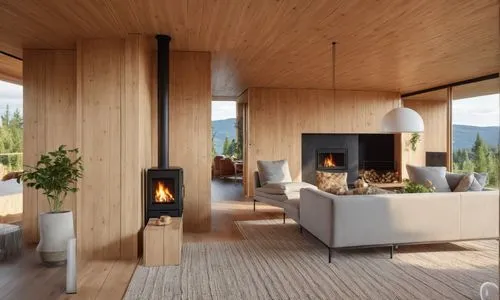 timber house, blonde wood walls, fireplace, cozy nordic ambiance with natural views ,a living room with a large wood burning stove,fire place,fireplace,wood stove,fireplaces,scandinavian style,woodsto