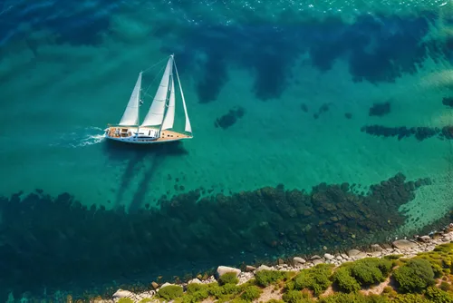 Bright, sun-drenched seascape with a yacht. Deep blue sea, clear water. View of a beautiful yacht. Beautiful green lawn with short haircut.,adriatic,croatia,ionian sea,paraglider sails,lefkada,lake ba