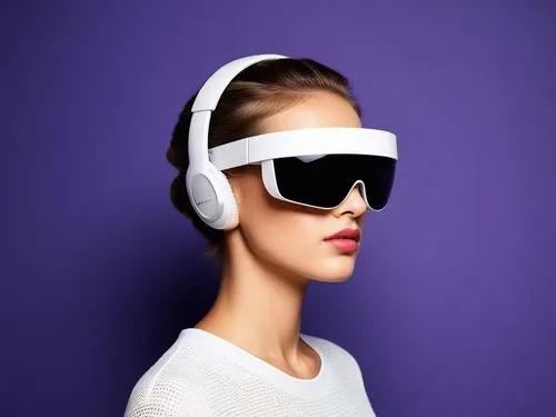 need unique design to this
,a woman wearing a white headphones and wearing sunglasses,virtual reality headset,wearables,virtuality,vr headset,cyber glasses,wireless headset