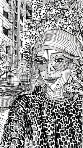 comic halftone woman,zentangle,elderly lady,old woman,city ​​portrait,self-portrait,coloring page,pen drawing,comic style,cruella de ville,crocodile woman,roy lichtenstein,camera drawing,comic halfton