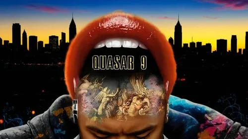 4 adult men, Columbus Ohio Skyline, Cinematic Background, 8K, Ultra Realistic, Urban City, Graffiti Art Text that say's: "Quasar 9",a man with an open mouth with art on his face,dead earth,death head,