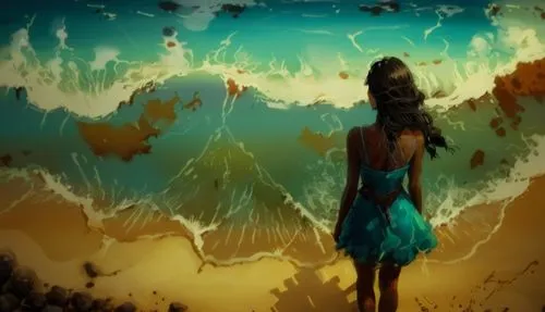 a painting of a girl standing in front of an ocean view,promethea,dyesebel,mermaid background,amphitrite,atlantica,undertow,Illustration,Abstract Fantasy,Abstract Fantasy 19