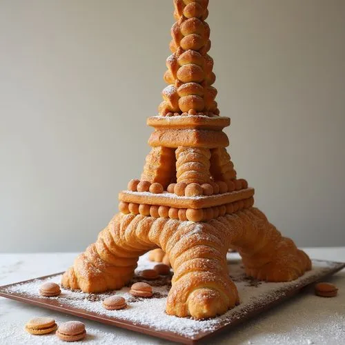 Imagine the Eiffel Tower constructed entirely from layers of buttery croissants, delicate macarons, and rich éclairs, with intricate details formed from spun sugar and chocolate ganache.",the eiffel t