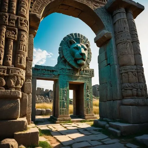 Ancient Hittite city, majestic temple complex, intricately carved stone walls, ornate reliefs depicting mythological scenes, grandiose entrance gates, imposing stone lions guarding the entrance, colum