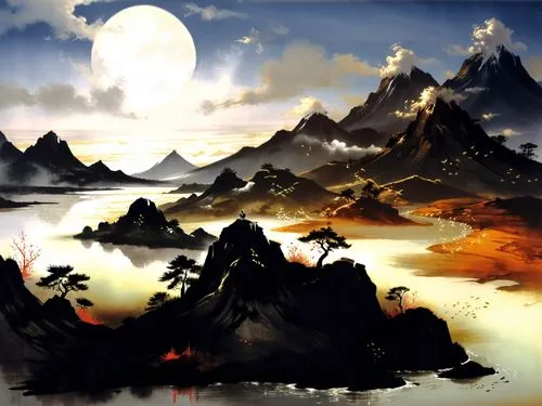 a painting of mountains and trees with a full moon,cartoon video game background,fantasy landscape,badland,volcanic landscape,lunar landscape,mountainous landscape,Illustration,Paper based,Paper Based