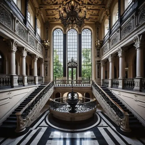 Modern architectural design, Preston city hall, grand staircase, intricate stone carvings, Gothic-inspired windows, symmetrical façade, clock tower, imposing entrance, marble floors, ornate chandelier