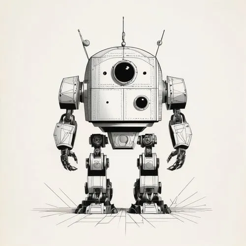 A black and white sketch of an anthropomorphic robot with a boxy head and large, circular eyes that convey a sense of curiosity or innocence. The body of the robot is constructed of various geometric 