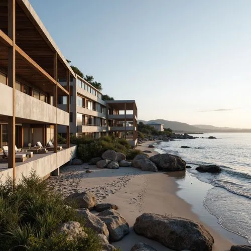 Coastal buildings, ocean views, sandy beaches, driftwood accents, weathered stone walls, translucent glass facades, soft warm lighting, ambient occlusion, shallow depth of field, 3/4 composition, pano