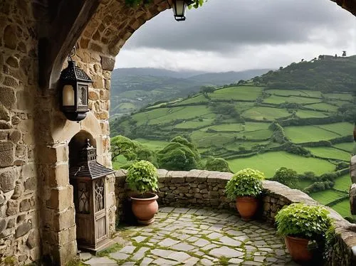 Craftsman well architecture, medieval style, stone walls, wooden beams, intricately carved doors, rusty old lantern, vines crawling up walls, moss-covered roof, ivy-draped windows, quiet countryside s