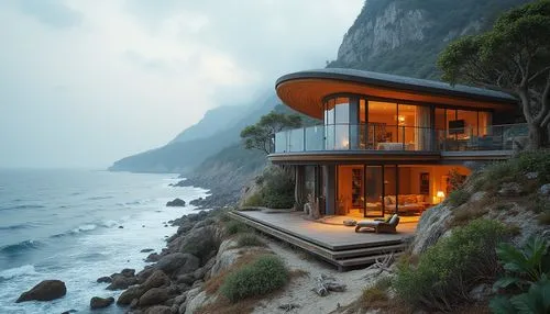 Seaside cliffside, oceanfront views, waves crashing, salty air, rugged rocky shores, driftwood accents, weathered wooden decks, beachy dunes, native plant species, curved modern architecture, sustaina