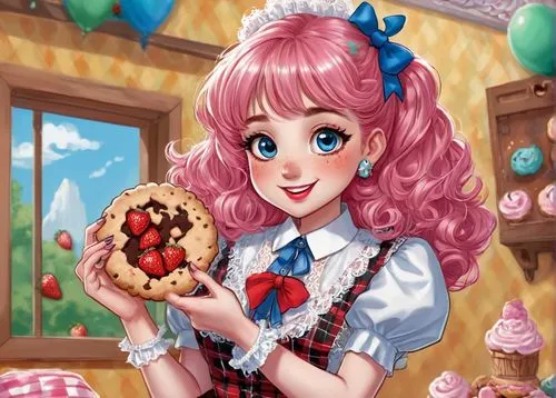 donut illustration,stylized macaron,strawberry pie,woman holding pie,cookie,sugar pie,pan dulce,doll kitchen,macaron,florentine biscuit,confectioner,stechnelke,strawberry roll,bonbon,watercolor macaroon,candy island girl,strawberry tart,malasada,heart candy,cookies,Illustration,American Style,American Style 13