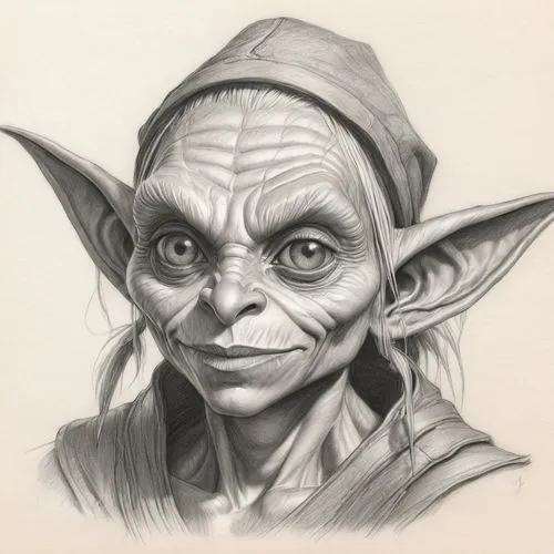 lokportrait,yoda,gobbo,goblin,gollum,elfie,Illustration,Black and White,Black and White 30