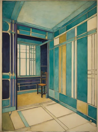 blue room,mondrian,japanese-style room,art deco,art nouveau,matruschka,examination room,blue painting,empty interior,bedroom,blue doors,cabinetry,rest room,doctor's room,art nouveau design,washroom,art deco frame,shirakami-sanchi,house painting,art deco background,Illustration,Retro,Retro 05