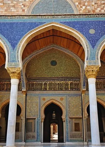 Ottoman Empire architecture, grand mosque, intricate Islamic geometric patterns, ornate arches, domed ceilings, minarets, delicate calligraphy, marble floors, colorful ceramics, Byzantine influence, I