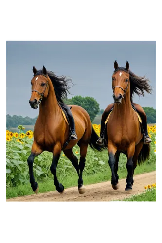 Horses, sunflowers, two horses, galloping, playing, yellow petals, tall stems, green leaves, rural landscape, warm lighting, afternoon sun, shallow depth of field, cinematic composition, 3/4 view, hor