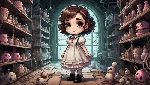 Chibi Frankenstein, cute monster girl, toddler age, big round eyes, curly brown hair, sweet smile, pale skin, little fangs, white dress with pink collar, black Mary Jane shoes, holding a stuffed anima