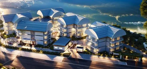 otel with white exterior, whie small building details, nice lighting and enviroment,seaside resort,3d rendering,seasteading,residencial,fresnaye,danyang eight scenic,cube stilt houses,mamaia,beach res