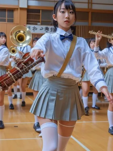 Japanese schoolgirl making music.,girls are playing in school uniforms and standing with their instruments,haka,chirasevenupraphand,kanako,nmb,enka,fanfare horn,Photography,General,Realistic