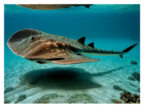 Stingray, underwater, gray-brown skin, white belly, long tail with venomous barb, swimming, ocean floor, coral reef, sunny day, shallow water, clear visibility, 3/4 composition, soft natural light, wa