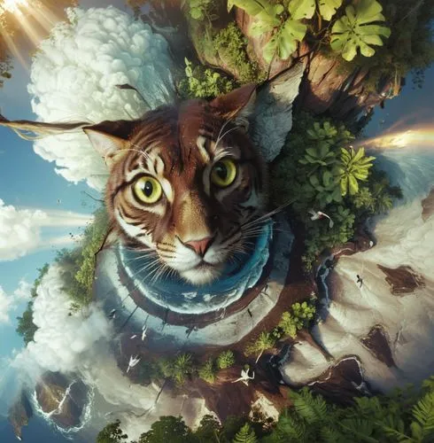 cat is in the foreground with many green trees,worldcat,cat sparrow,cathala,fantasy animal,mazzotta,cat tree of life,Conceptual Art,Fantasy,Fantasy 21