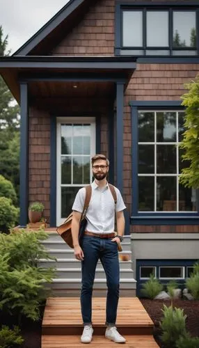 Entry-level architectural designer, young adult, male, casual wear, black-framed glasses, short brown hair, beard, plain white shirt, dark blue jeans, brown leather belt, sneakers, holding a large por