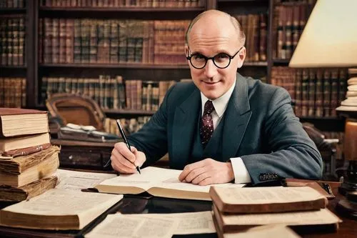 A.A.Milne, author, middle-aged man, gentle smile, balding hair, round glasses, suit, tie, holding a pen, sitting at a desk, surrounded by papers and books, warm lighting, wooden furniture, vintage dec