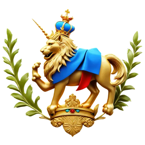 UK royal coat of arms, golden lion, blue background, red cross, white unicorn, olive branch, thistle, leek, Tudor crown, intricate details, metallic texture, 3D rendering, low-angle shot, dramatic lig