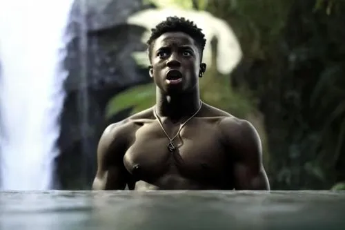 a man with  on next to a waterfall,dwele,usher,tempa,shwayze,takura,cryme