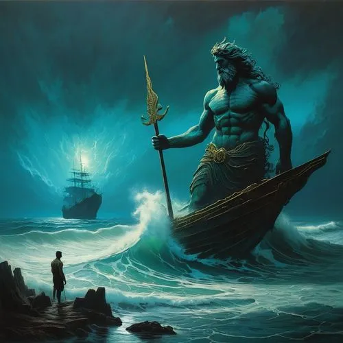 poseidon,god of the sea,sea god,samudra,atlantean,aegir,el mar,tangaroa,phoenicians,fantasy picture,nereids,triton,oceanus,odysseus,kammerman,siggeir,mermen,vinland,mahadeva,namor,Conceptual Art,Oil color,Oil Color 11