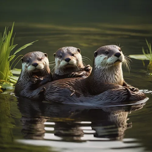 otters,north american river otter,otter,family outing,pied-billed grebe,sea otter,otterbaby,otter baby,water-leaf family,harmonious family,synchronized swimming,beavers,cute animals,seals,waterfowls,mustelidae,family portrait,animal photography,three friends,grass family,Art,Classical Oil Painting,Classical Oil Painting 38