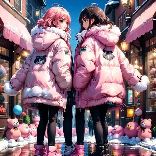 two girls in their big oversized puffy coats they put backwards a puffy coat on a girl in pink puffy coat,two girls wearing puffy jackets with stuffed animals standing in front of the store windows,ha