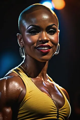 Strong muscular black woman, athletic physique, shaved head, bold eyebrows, bright lip gloss, sweat droplets on skin, toned arms, defined biceps, six-pack abs, powerful legs, ripped thighs, fitness co