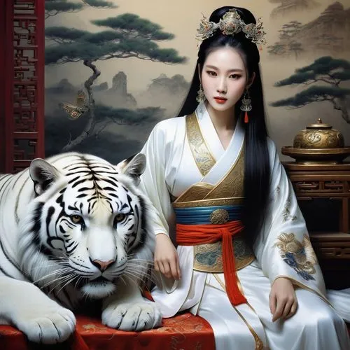 oriental princess,oriental painting,asian tiger,oriental girl,concubine,miao,oriental,daiyu,white tiger,jinling,arhats,goryeo,inner mongolian beauty,hanfu,wenhao,amaterasu,orientals,japanese art,asian vision,yunxia,Illustration,Realistic Fantasy,Realistic Fantasy 16